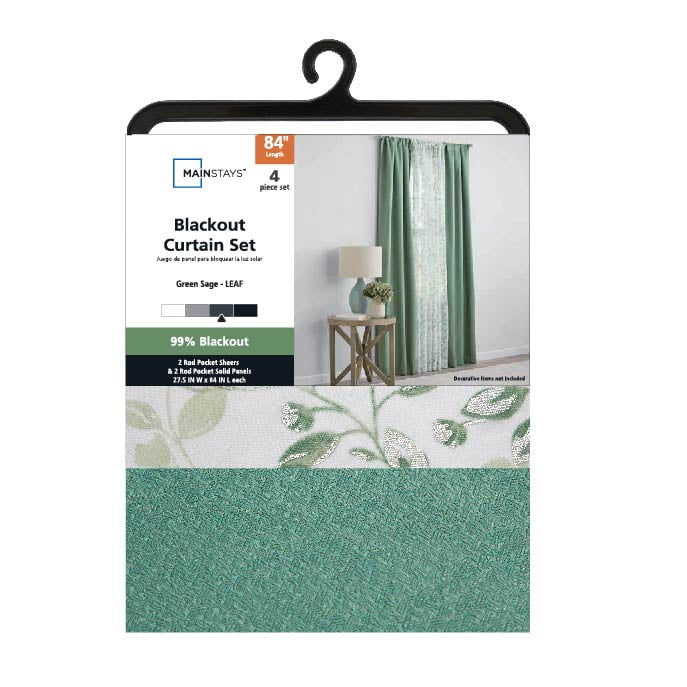 (2 pack) Mainstays Metallic Blackout Curtains and Sheers Set, 4 Panels, Green Sage, 27.5" W x 84” L
