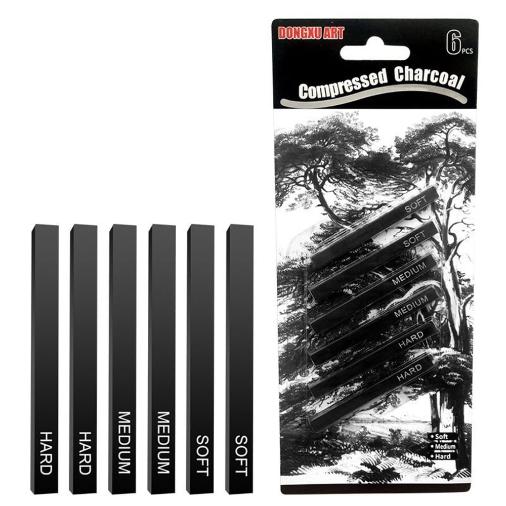 BLLNDX Compressed Charcoal Rod 6pcs Soft, Medium and Hard Grade Vine Square Willow Charcoal Sticks for Drawing, Sketching, Shading, Art Supplies