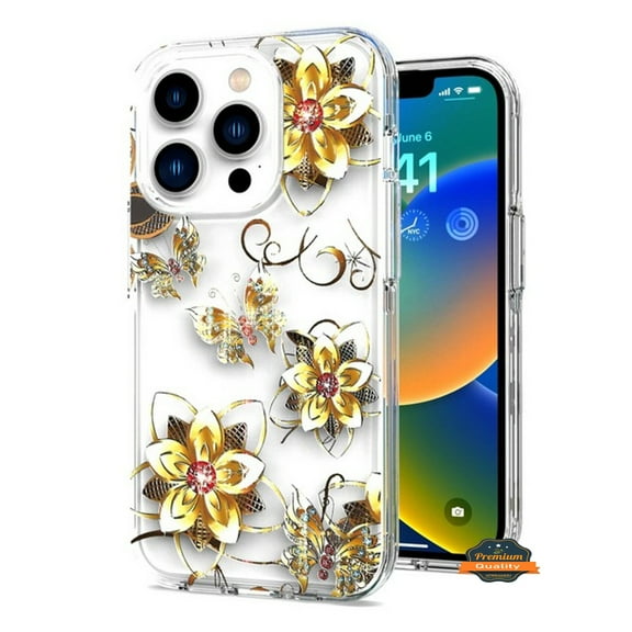 For Apple iPhone 17 Pro Hybrid Dazzling Case with Stylish Design Trendy Pattern, Slim PC & TPU Cover - Gold Flowers
