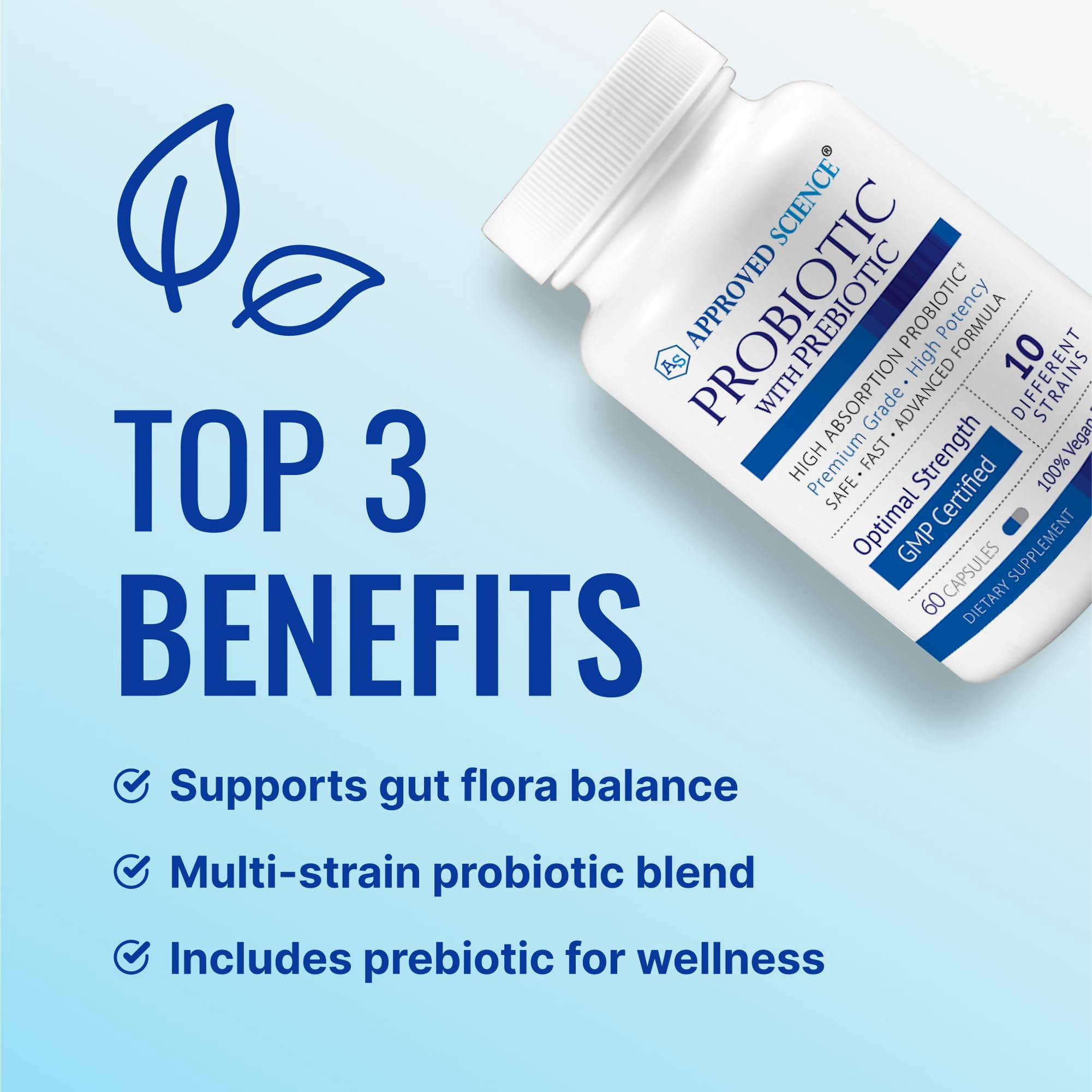 Approved Science Probiotic with Prebiotic - 10 Strains - 25 Billion CFU - 3 Bottles - Vegan