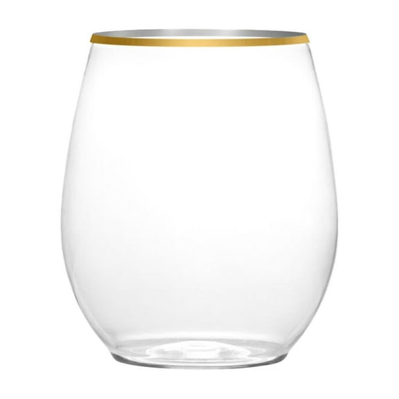 EcoQuality 12 oz Clear Plastic Stemless Wine Glasses with Gold Rim, Disposable Unbreakable Shatterproof Elegant and Reusable Wine Tumbler for Partys, Weddings, Ideal for Indoor or Outdoor Events (42)