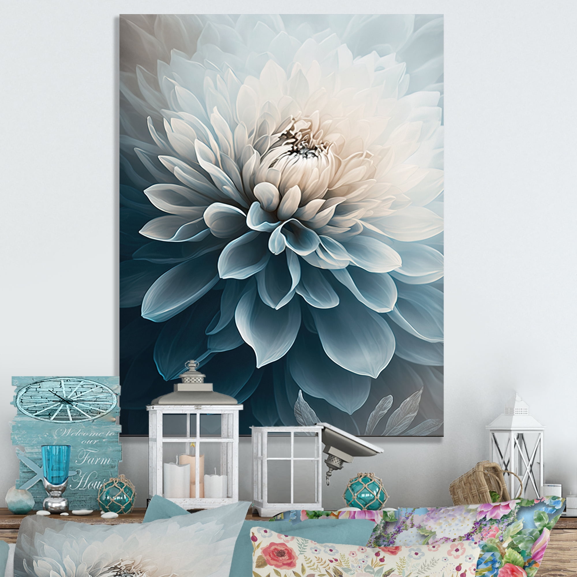 Designart Dahlia Flowers Blue And White I Canvas Wall Art