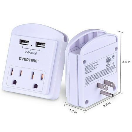 2-outlet Wall Mount with Cell Phone Cradle and Dual 2.4 Amp USB Charging Ports | Multiple Outlet Electrical Socket Extender -