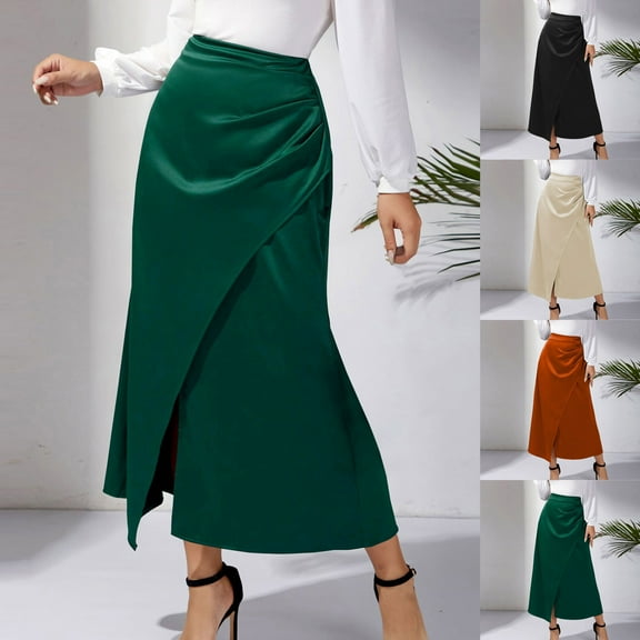 USSUMA Skirts for Women Midi Skirt Solid Color High Waist Pleated Fishtail Vent Zipper Button Mid-Calf Skirt Leisure Dress Breathable Dresses Climbing Up to 50% off Beige Skirt for Women Polyester L