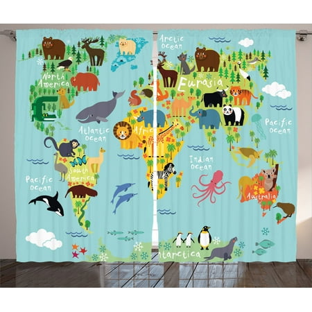 Wander Decor Curtains 2 Panels Set Animal Map Of The World For Wander Decor Curtains 2 Panels Set Animal Map Of The World For Children And Kids