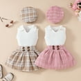 thumbnail image 3 of 3pcs Girls Beret Sleeveless Skirt Set Baby Girl Vest V-neck Top Plaid Skirt Outfit Casual Overall Dres, 3 of 6