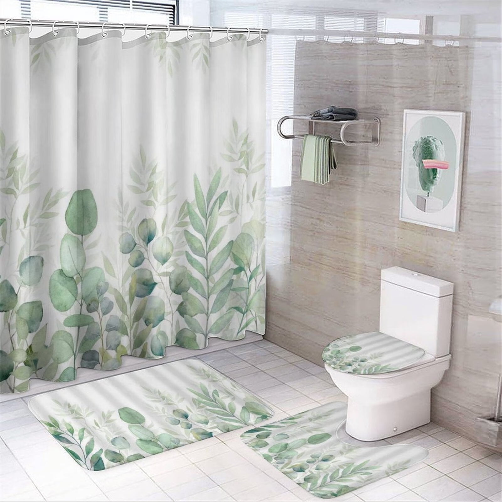 4PCS Green Leaves Shower Curtain Sets with Non-Slip Rug, Toilet Lid Cover and Bath Mat, Plant ...