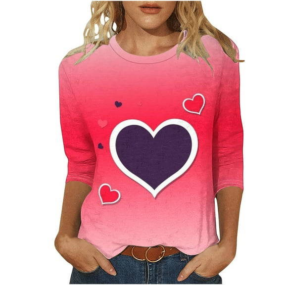Heart 3/4 Sleeves Tshirts for Womens Valentines Day Tunic Tops Plus Size Crewneck Pullover Blouses