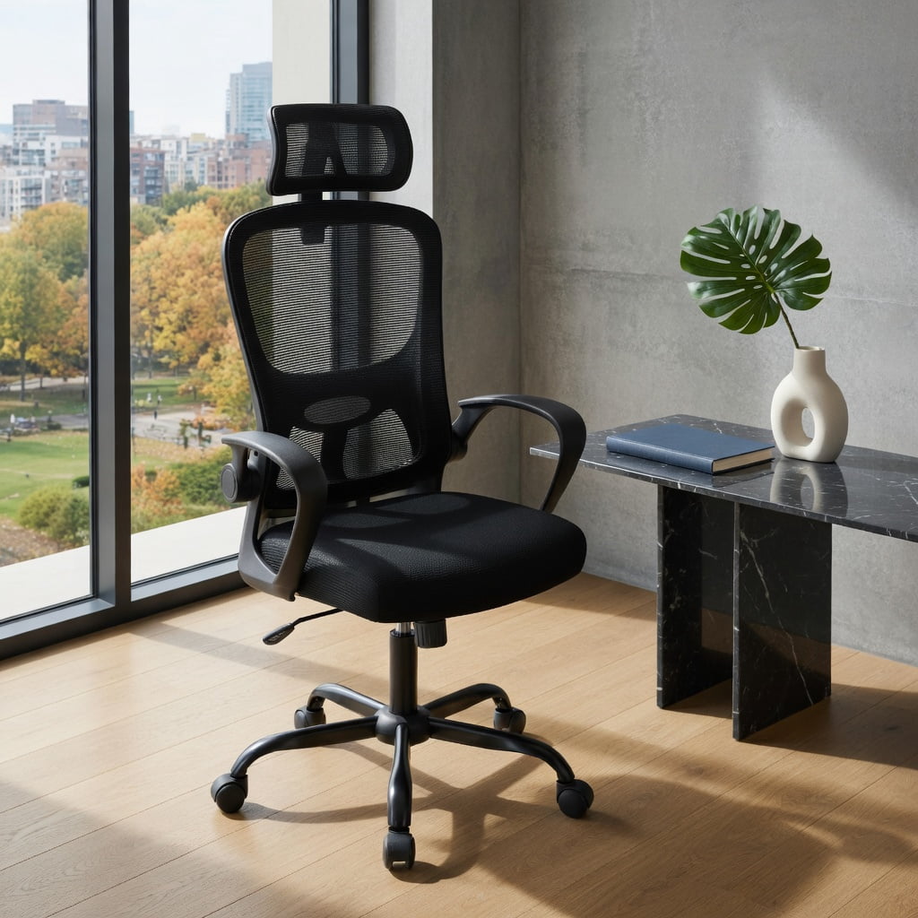 Demi Bonn Mesh Office Chair with Adaptive Lumbar Support Flip-up Armrests, Reclining Backrest, Rolling Work Computer Desk Chair, Black