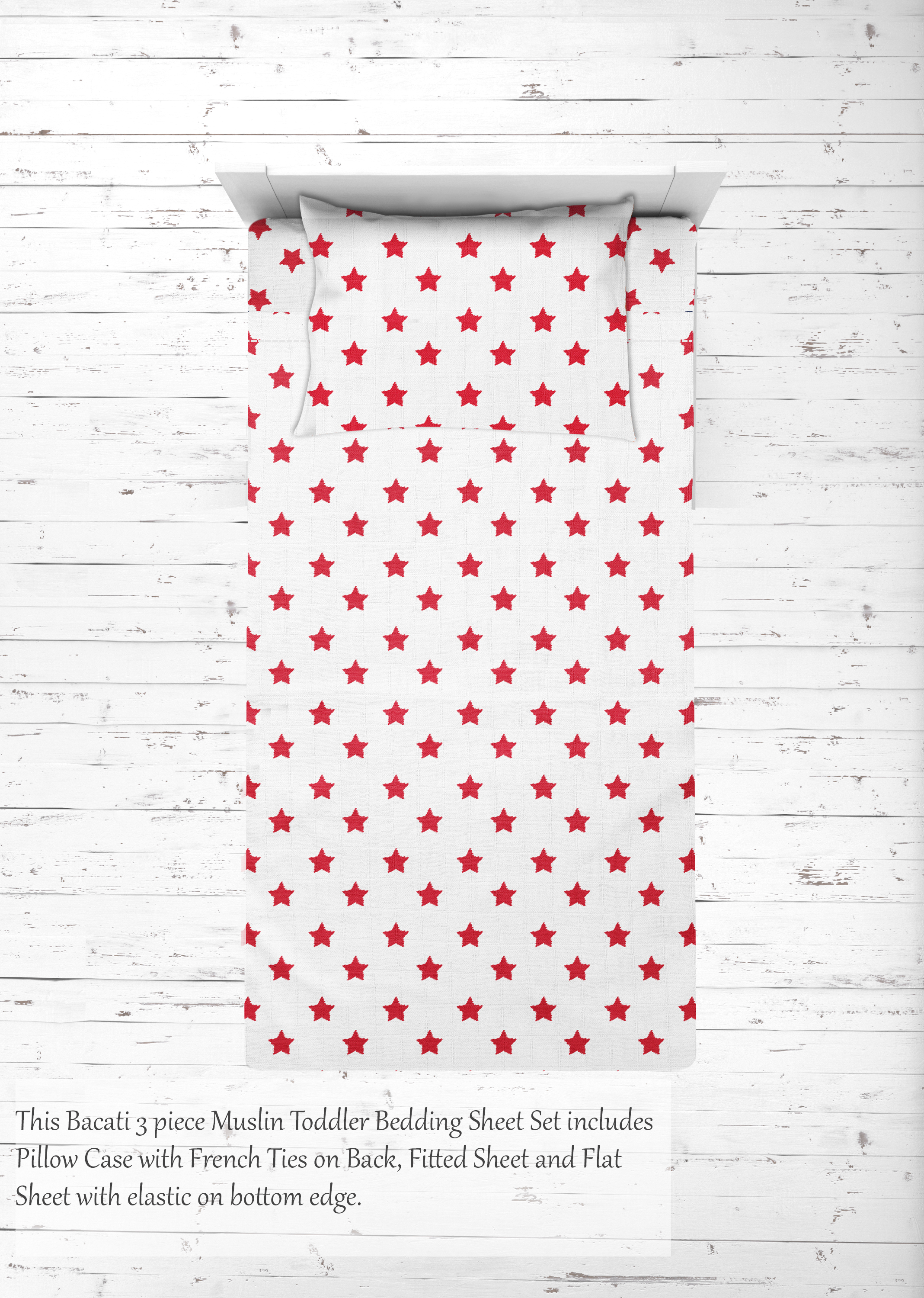 Bacati - Stars 100% Cotton breathable Muslin 3-Piece Toddler Bedding Sheet Set, Red