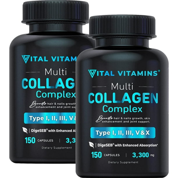 Vital Vitamins Multi Collagen Complex (2 Pack) - Type I, II, III, V, X,  Grass Fed, Non-GMO 