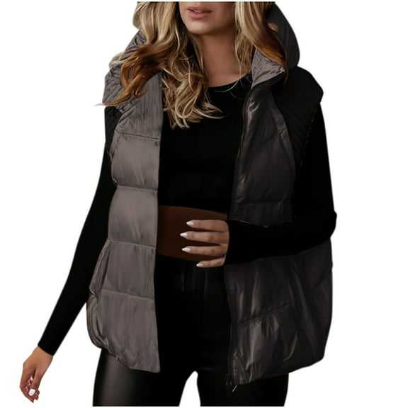 jtjvou Plus Size Puffer Vest Women Lightweight Hooded Quilted Sleeveless Jackets Winter Zipper Down Gilet Warm Waistcoat Black S