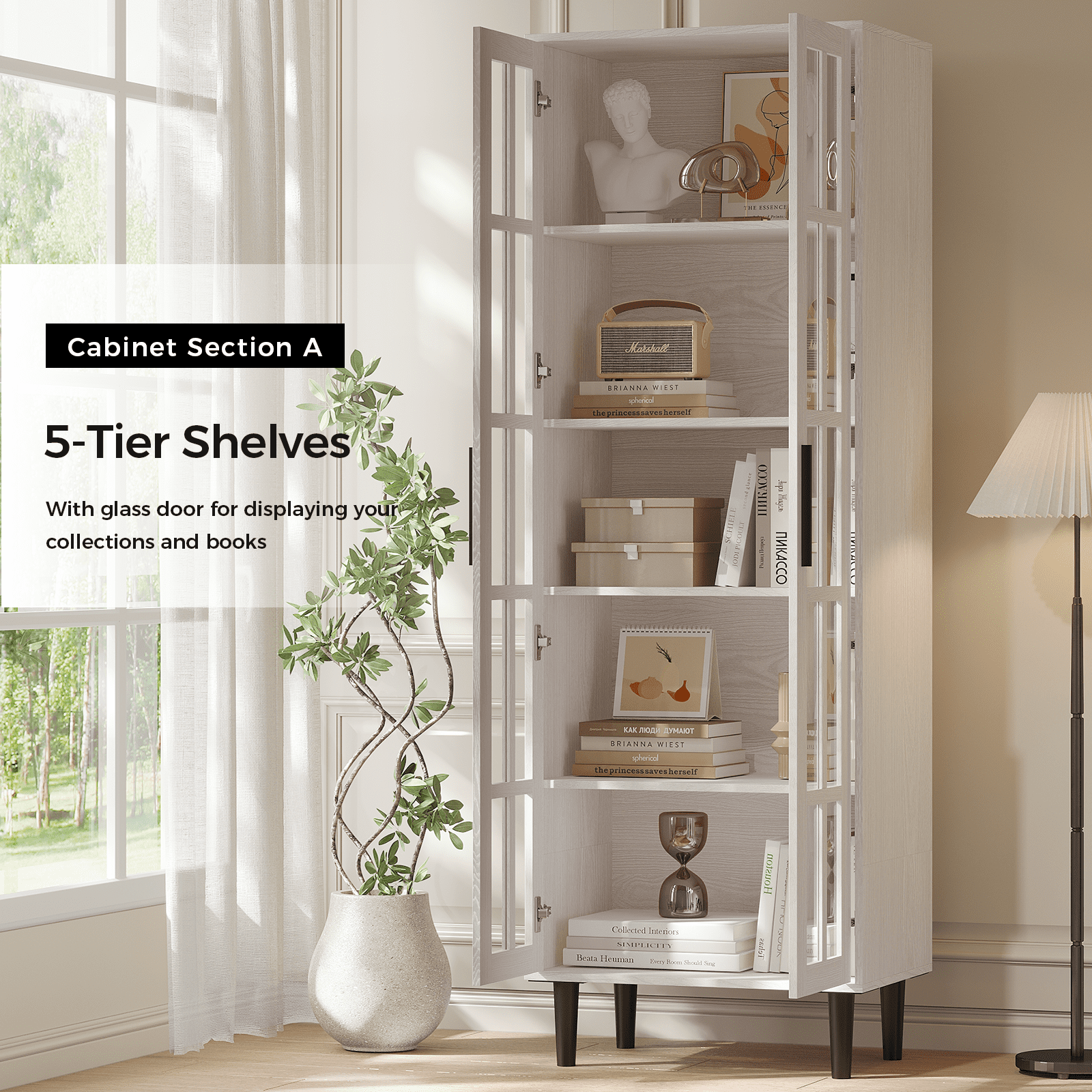 RichYa 3Pcs Bookcases with Doors,5-Tier Bookshelves with Storage Cabinet,Combination Display Cabinets for Home Office,White(AAA)
