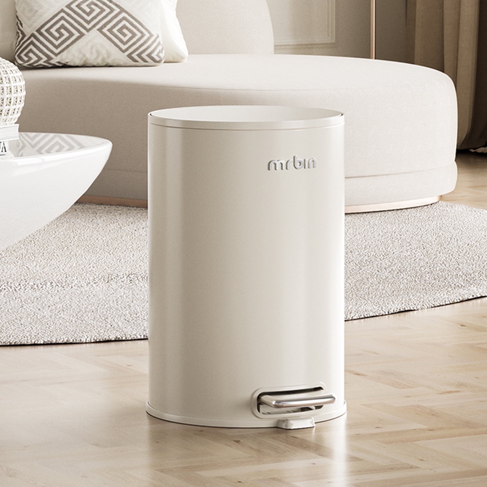 MRBIN Small Metal Bathroom Trash Can with Lid, Step Waste Basket for Bedroom, 6L / 1.6gal Round Garbage Pail Kitchen with Plastic Inner Bucket and Stainless Steel Pedal, White