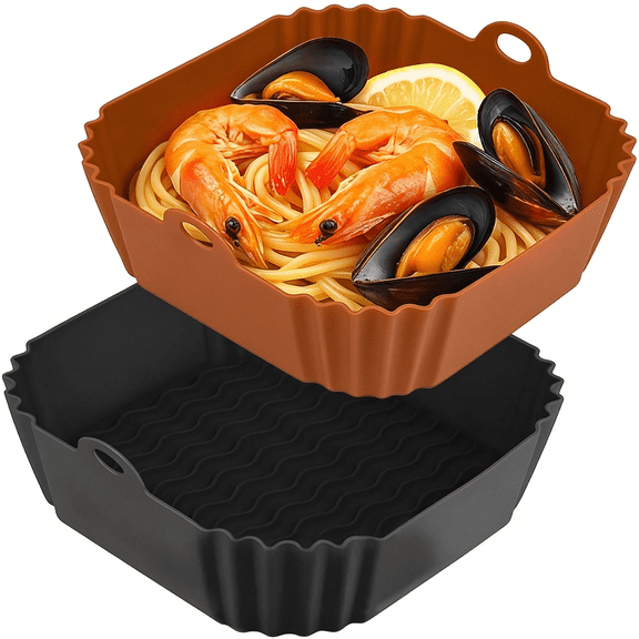 BPPEG 9 Inch Large Air Fryer Silicone Liners-2 Pcs Square Reusable Airfryer Basket Liners for 5-8Qt Air Fryer, Air Fryer Accessories for Baking Roasting Microwave (Black   Brown)