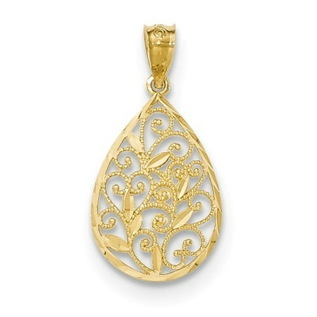 14k Yellow Gold Polished & Textured Small Filagree Teardrop Pendant