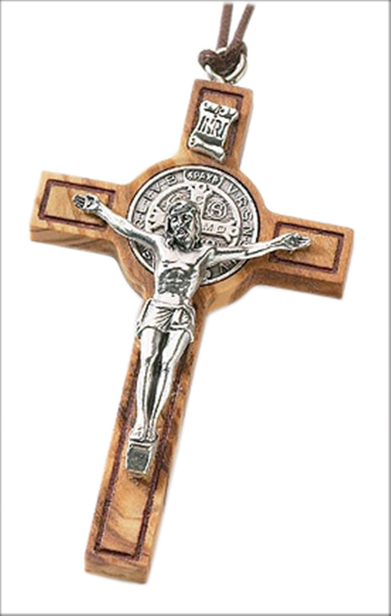 Olive Wood Cross with Silver Tone Saint St Benedict Medal Crucifix