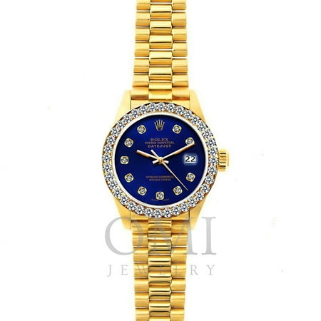 18k Yellow Gold Rolex Datejust Diamond Watch, 26mm, President Bracelet Ultramarine Dial w/ Diamond Bezel, Rolex, Adult, Female