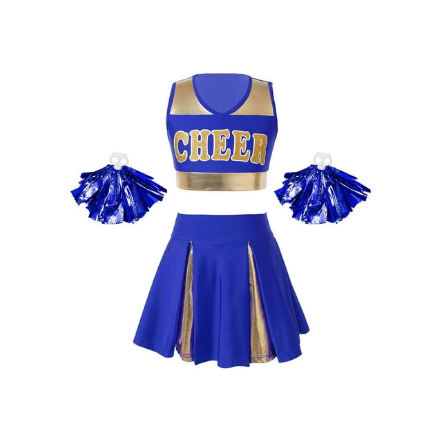 TTAO Robe de Danse Cheerleading Halloween pour Filles Ensemble Crop Top avec Jupe Tenues Uniforme de Leader de Cheer Bleu 16