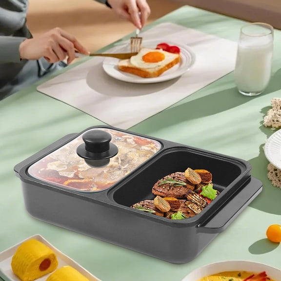 Mini All-in-One Cooker Hot Pot with Grill,2 in 1 Indoor Non-Stick Electric Hot Pot and Frying Pan,Independent Temperature Control for Indoor Outdoor Party (Black)