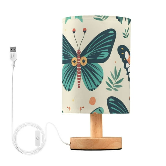 Butterflies Leaves Green Table Lamp USB Bedside Desk Nightstand Lamp Printed Gifts Small Lamp Wood Base for Bedroom Living Room Kids Room College Dorm