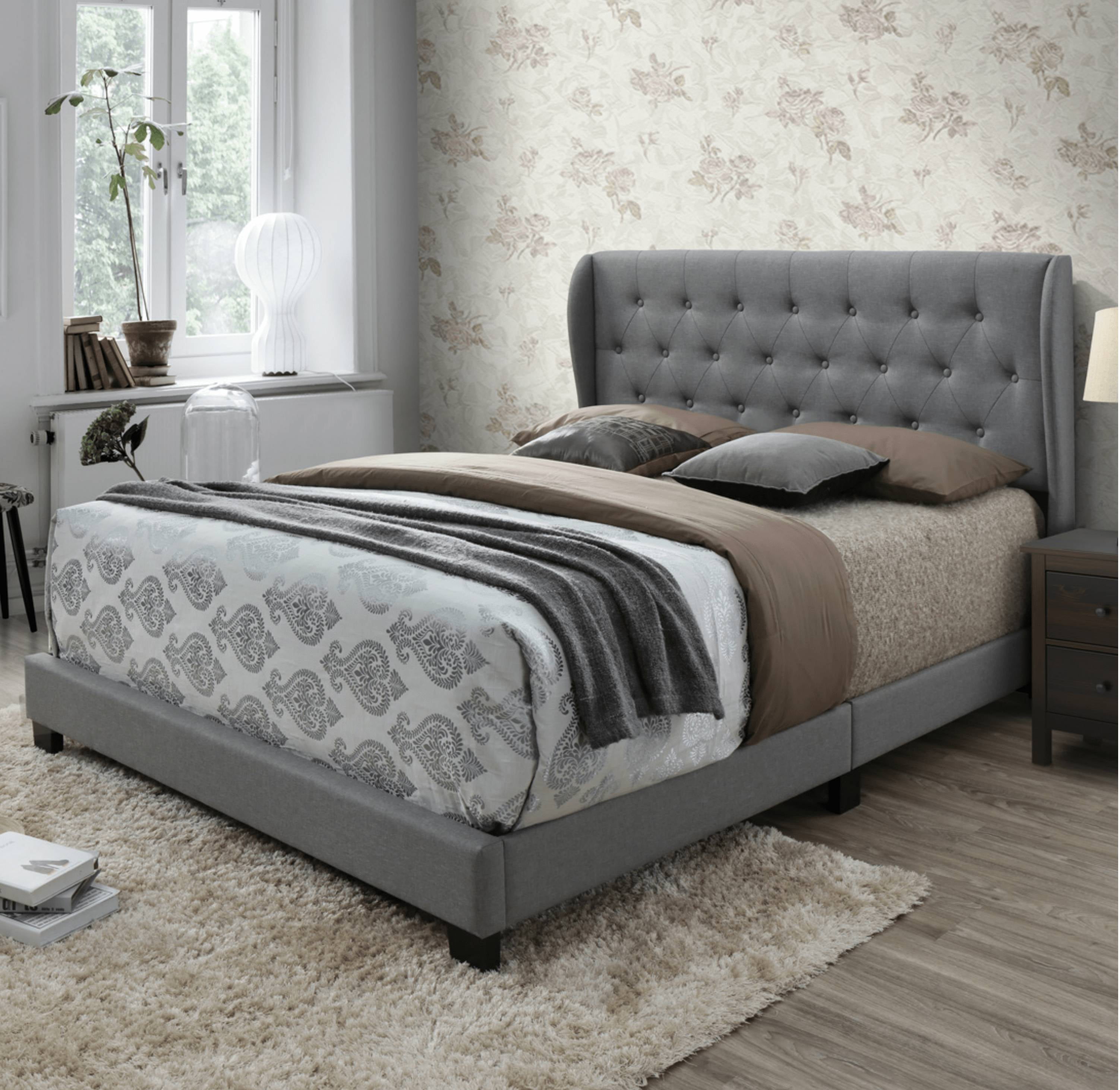 DG Casa Barcelona Diamond Tufted Upholstered Wingback Panel Bed Frame, Queen Size in Grey Fabric