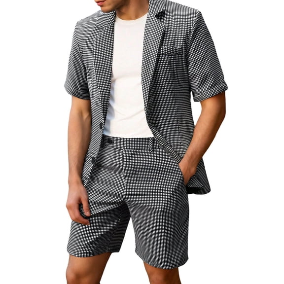 IWRICH Plaid Suit 2 Piece Set for Men Short Sleeve Two Button Blazer Jacket and Flat Front Shorts Set Business Outfits Black XL