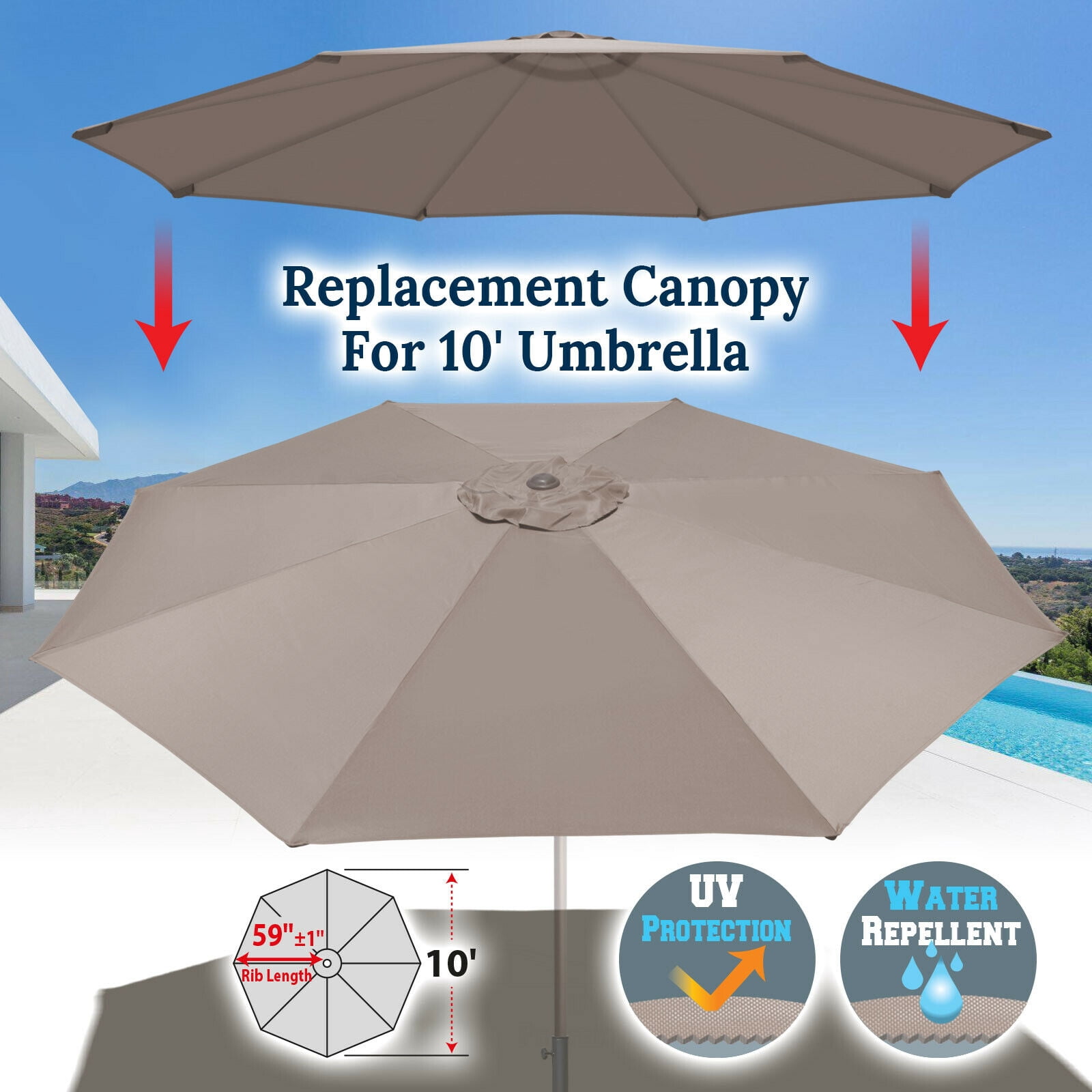 Sunrise 10ft 8 Ribs Outdoor, Patio Umbrella Cover Canopy, Replacement Cover Top, Taupe (Cover Only, Umbrella Frame not Included)
