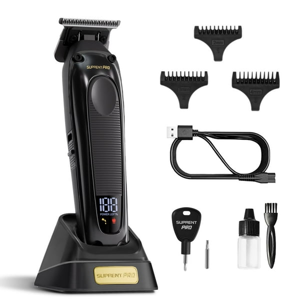 SUPRENT PRO Cortapelos profesional - Motor sin escobillas de alto par y cuchilla desmontable - Cortapelos inalámbrico para barberos con base de carga - Acabado premium con cuchilla en T (negro
