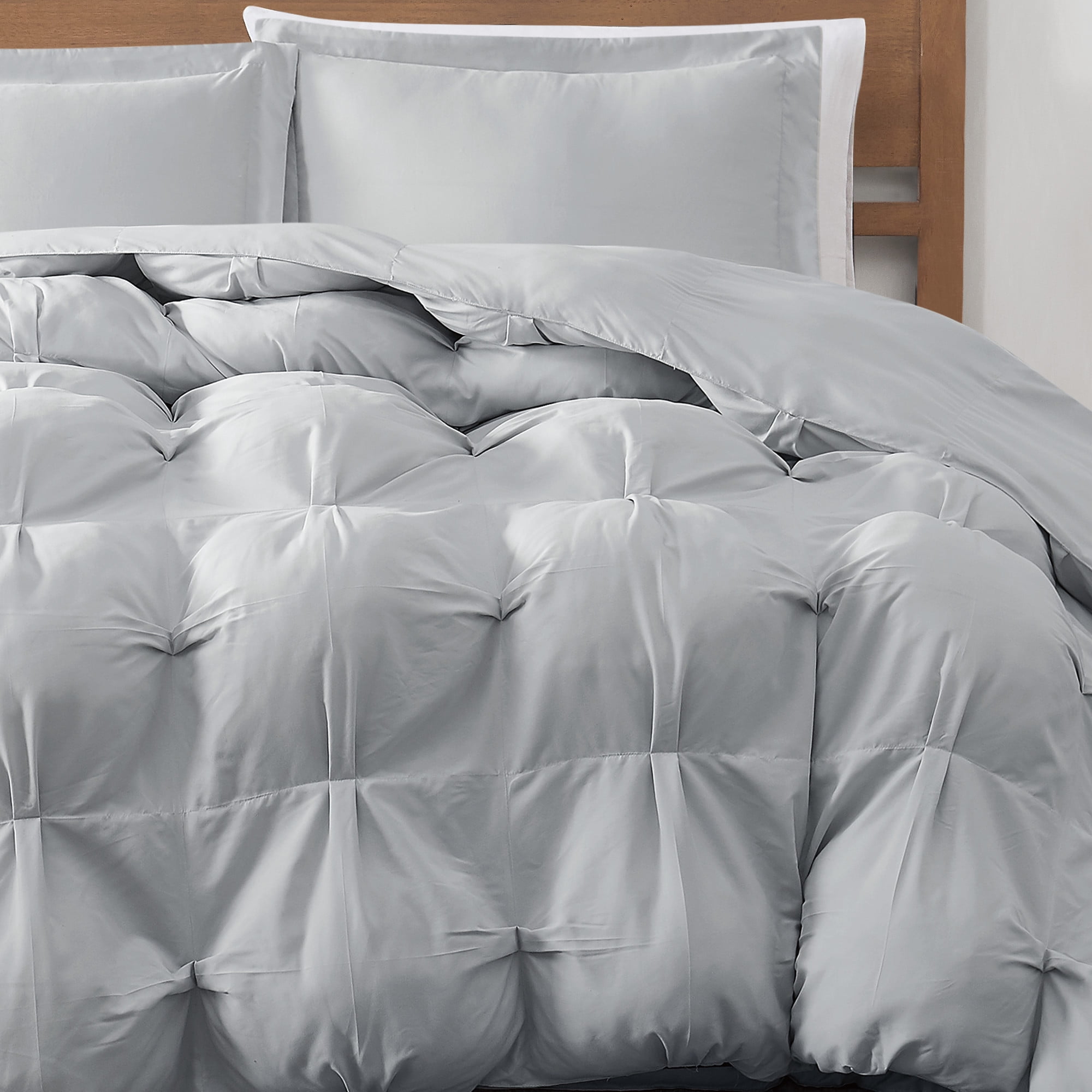 Truly Soft Cloud Puffer Boxed Pleat 100% Microfiber Polyester Grey 3-Piece Full/Queen Comforter Set, Solid Casual themed, Adult Bedding, OEKO-TEX Certified