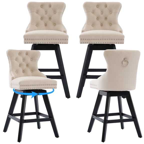 Swivel Bar Stools Set of 4, 26" Counter Height Bar Stools with Back, Farmhouse Velvet Barstools for 34–38" Kitchen Island, Beige (Set of 4)