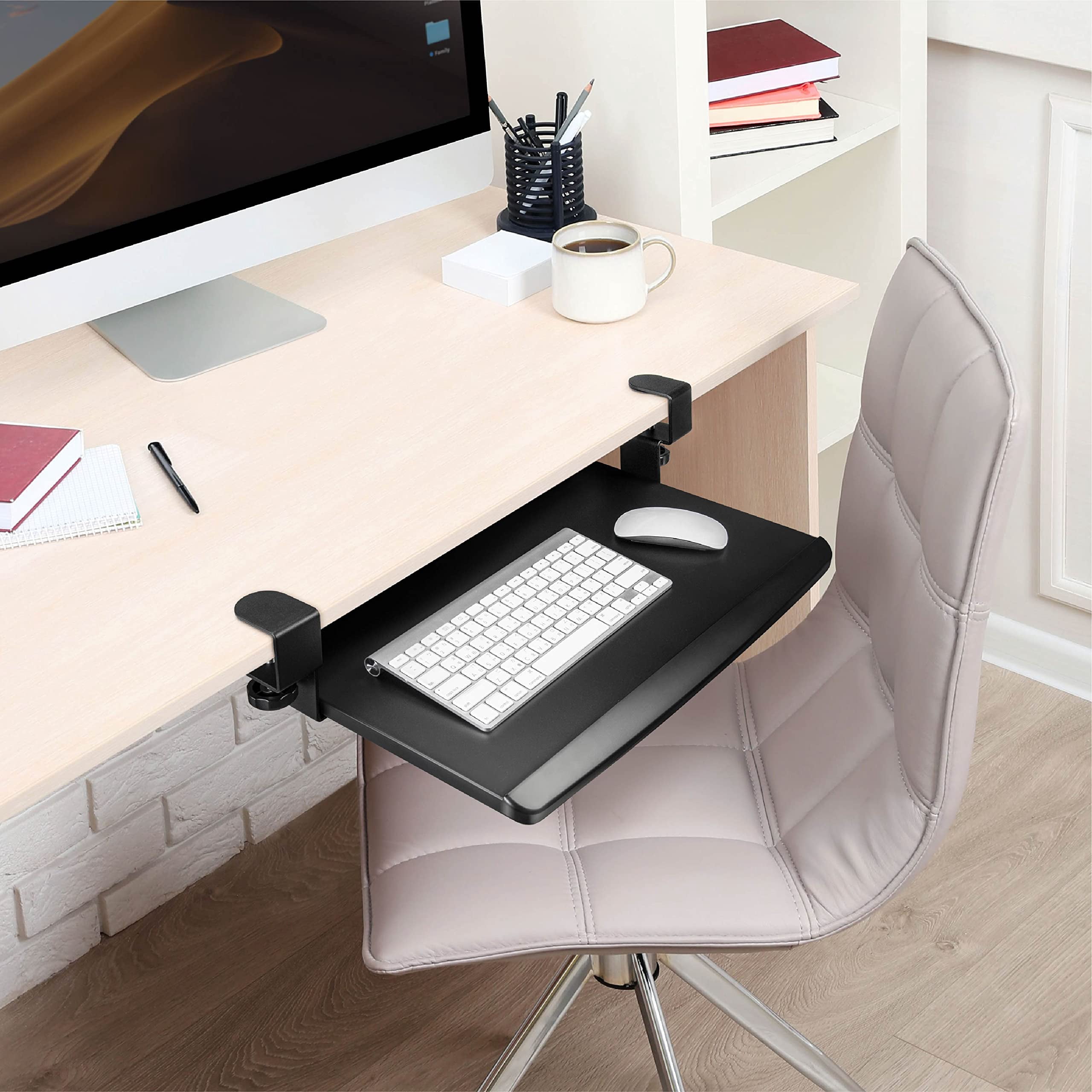 Prime Desk Clamp Tray  Under Sliding Retractable Drawer Space-saving Platform For Standard Keyboards Large 20" X 11.5" Workstation Extension
