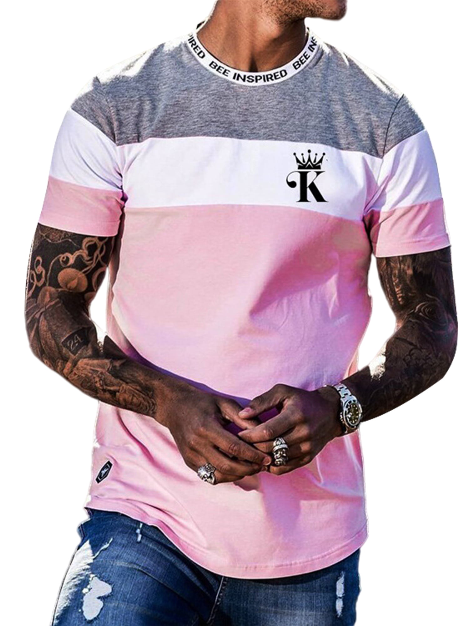 Men Colour Block Long Sleeve Longline T-Shirt Causal Sport Workout Slim Tee Tops