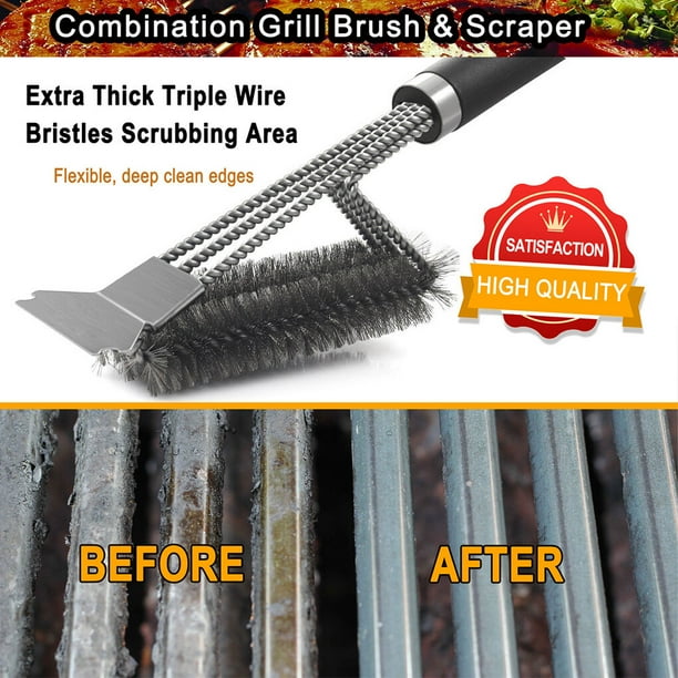 kurtrusly 3heads BBQ Plate Cleaning Brush Stainless Steel Grill Oven