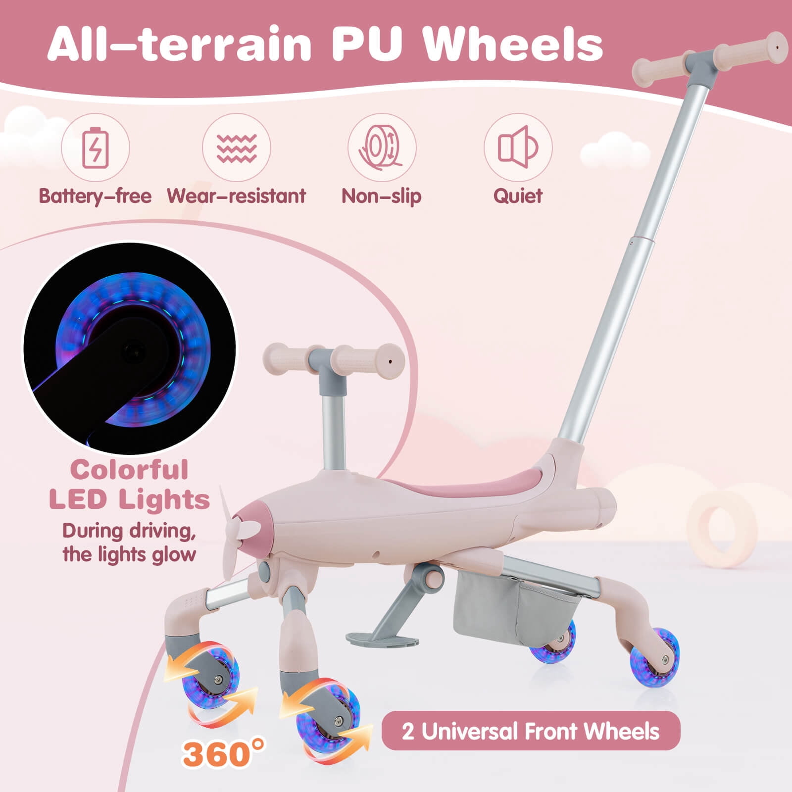 Infans 2-in-1 Kids Ride-on Push Car w/ LED Lighted Wheels Removable & Adjustable Handle