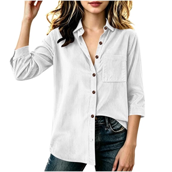 Atogsazn Childrens Casual 3/4 Sleeve Shirts Girls Dressy Button Corduroy Jacket with Pocket Outerwear White 5-6Years Fashion