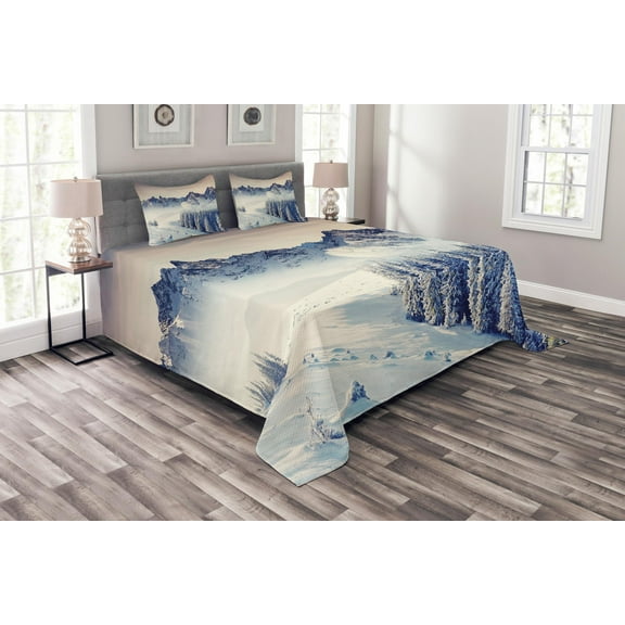 Ambesonne Black White Quilted Bedspread Set 3 Pcs, Snowy Winter View, Queen Size, Blue Grey White