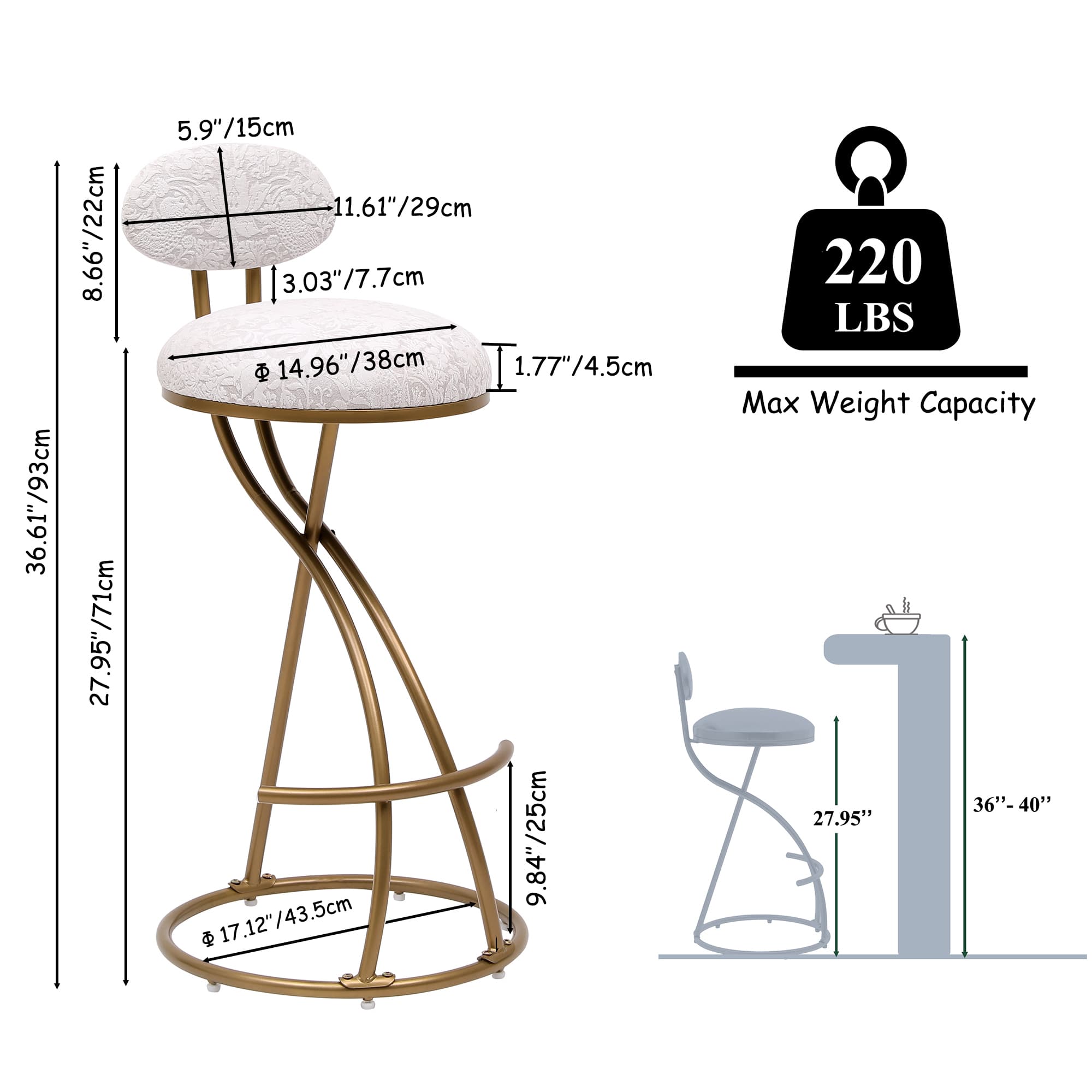 MAYEERTY S-Shaped Gold Bar Stools Set of 2 - with Backrest, Floral Print, Counter Height for Kitchen Island (Gold & White)