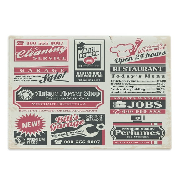 Retro Cutting Board, Retro Newspaper Magazine Design Outdated Layout Different Topics Title, Decorative Tempered Glass Cutting and Serving Board, Large Size, Pink Beige Grey Teal, by Ambesonne