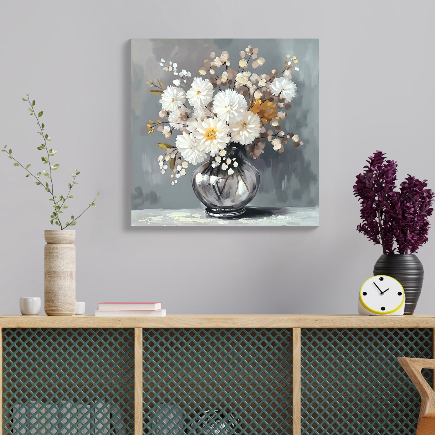 MOONMISS 24x24 White Chrysanthemum Glass Vase Canvas Print Wall Art Farmhouse Botanical Bedroom Decor