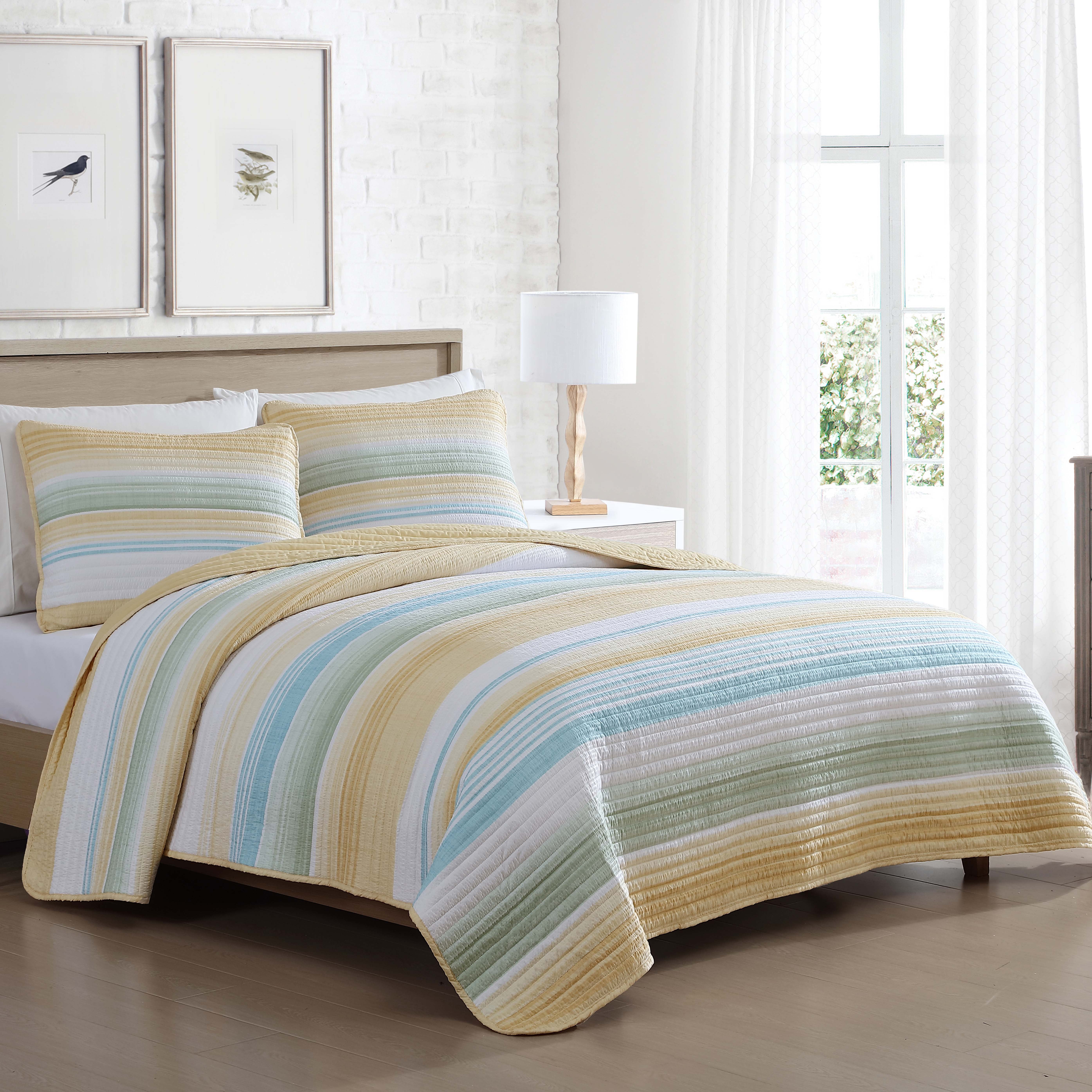 Beatrice Home Fashions, Coralinn Stripe 3PC Quilt Set, Full/Queen, Yellow/Sage