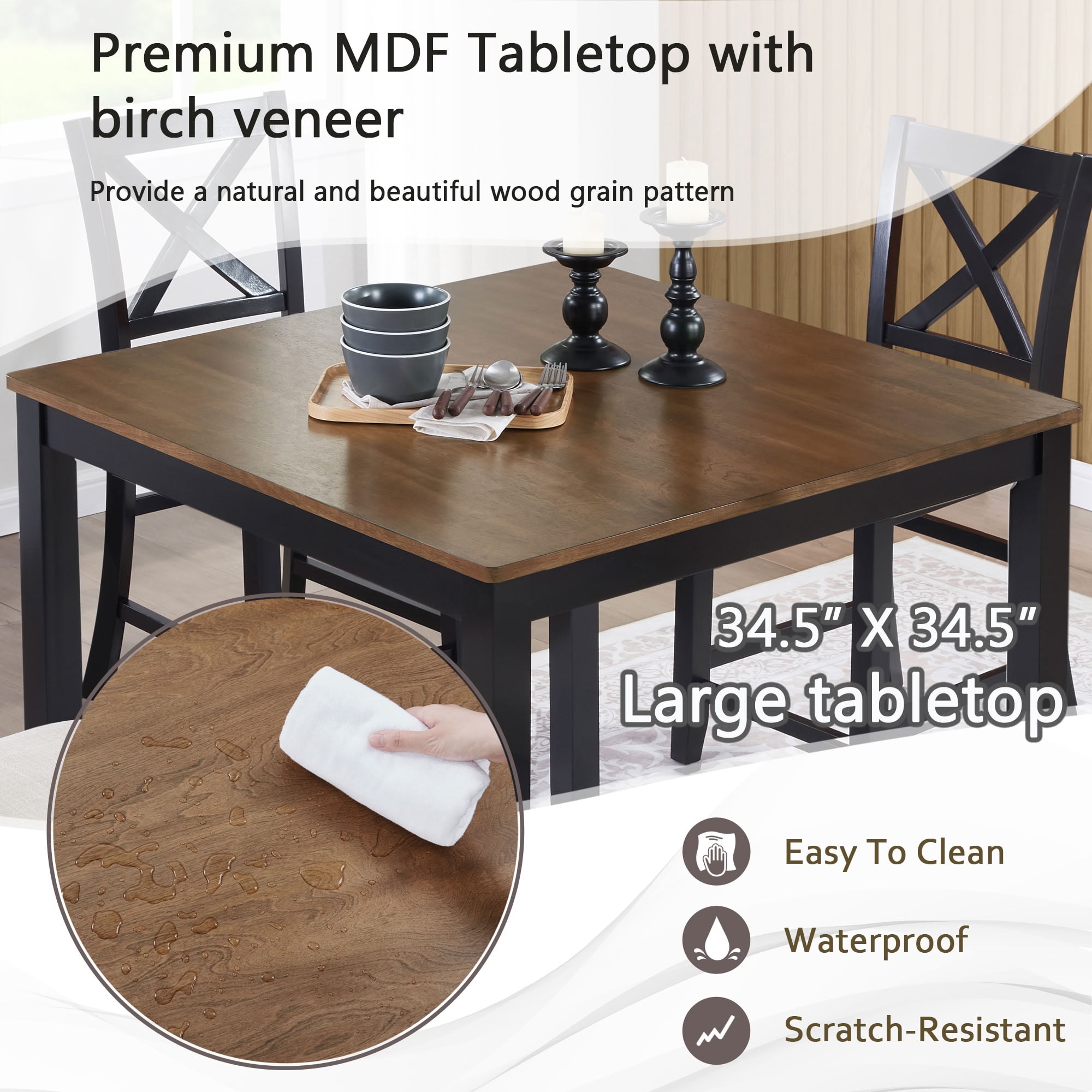 MAYEERTY 5-Piece Counter Height Dining Table Set with 4 Chairs, Farmhouse 4-Person Wooden Set for Small Kitchen Dining Room