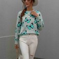 thumbnail image 3 of Jersey para mujer, suéter con cuello redondo, estampado, manga larga, dobladillo suelto, Top de punto acanalado para mujer, verde, L, 3 of 7