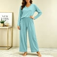 thumbnail image 5 of Women's V-Neck Loungewear Two Piece Set Loose Long Sleeve Top and Straight Leg Full Length Pants Soft Breathable Casual Pajama Set Mint Green, 5 of 7
