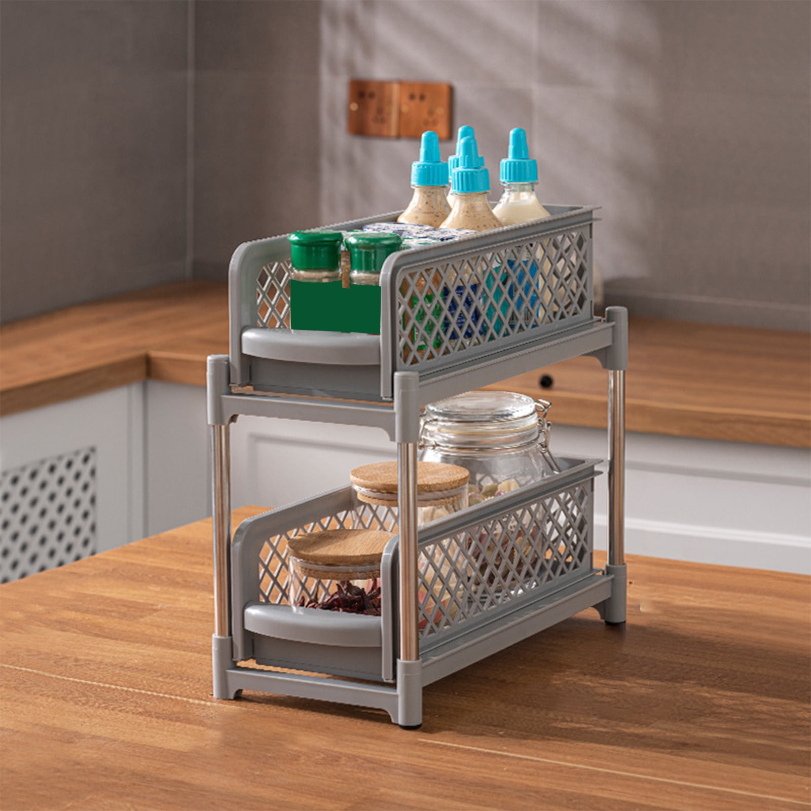 Yunuuuoa Under Sink Organizer Slide Out Storage Rack, Pull Out Cabinet Organizer Drawer for Kitchen Bathroom Laundry, Heavy Duty Plastic Under Counter Shelf Organizer with Steel Frame