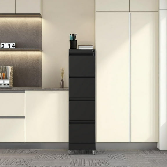 4 Drawer Letter Width Vertical File Cabinet with Lock & Wheels, Heavy Duty Metal Storage Cabinet for Home Office, Black