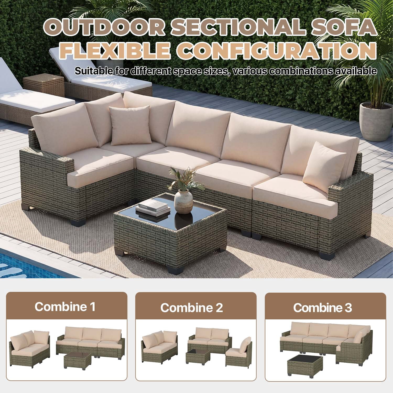 BaPiPro 6-Piece Outdoor Rattan Modular Sectional Sofa Set with High Resilience Beige Cushions and Easy-Clean Tempered Glass Coffee Table, Flexible Configuration for Garden, Backyard & Patio
