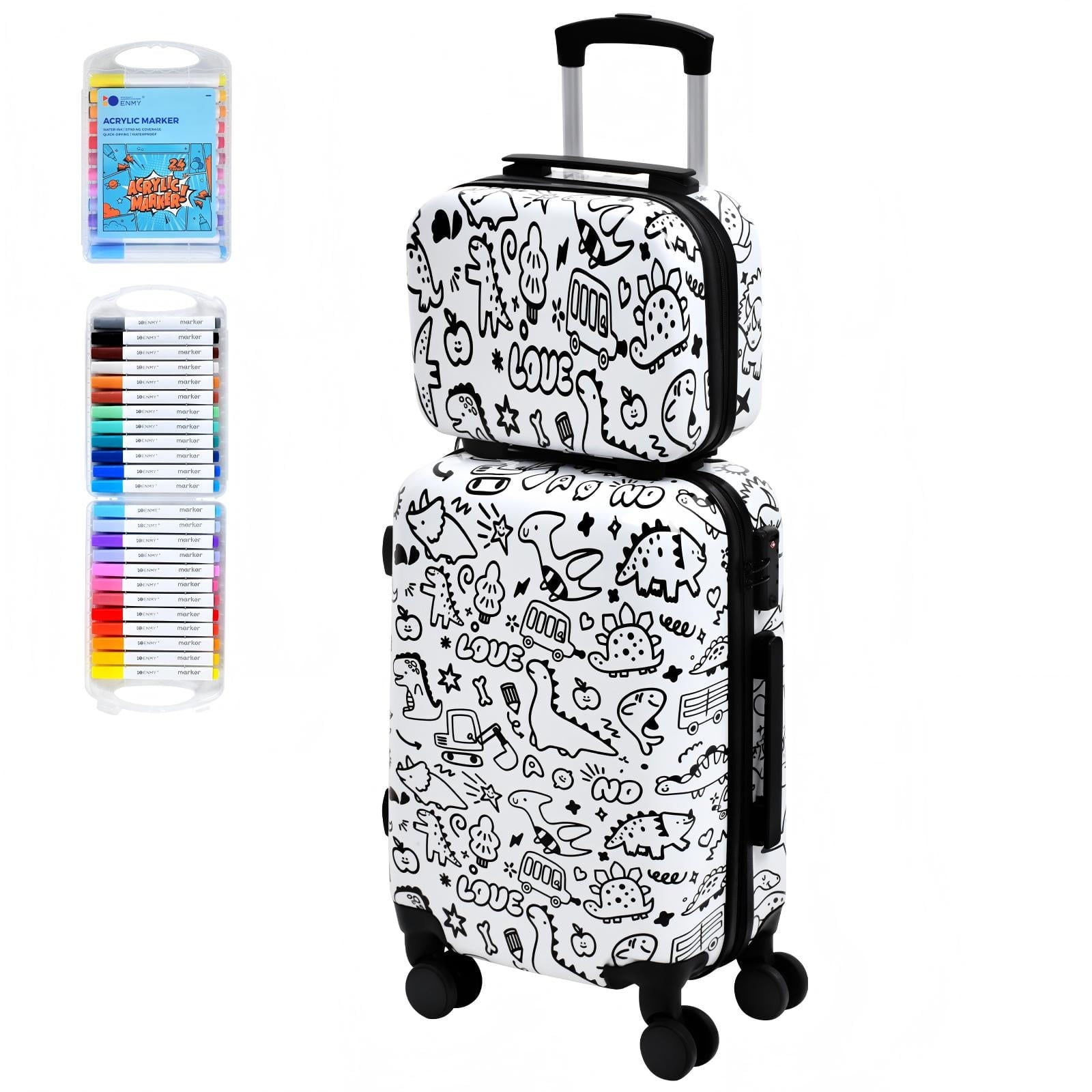 Advwin Kids Carry-On Luggage Set, 14" + 20" Set of 2 Travel Suitcase with DIY Coloring Design, TSA Lock & Spinner Wheels, Lightweight Hardshell Rolling Carry On Suitcase for Children