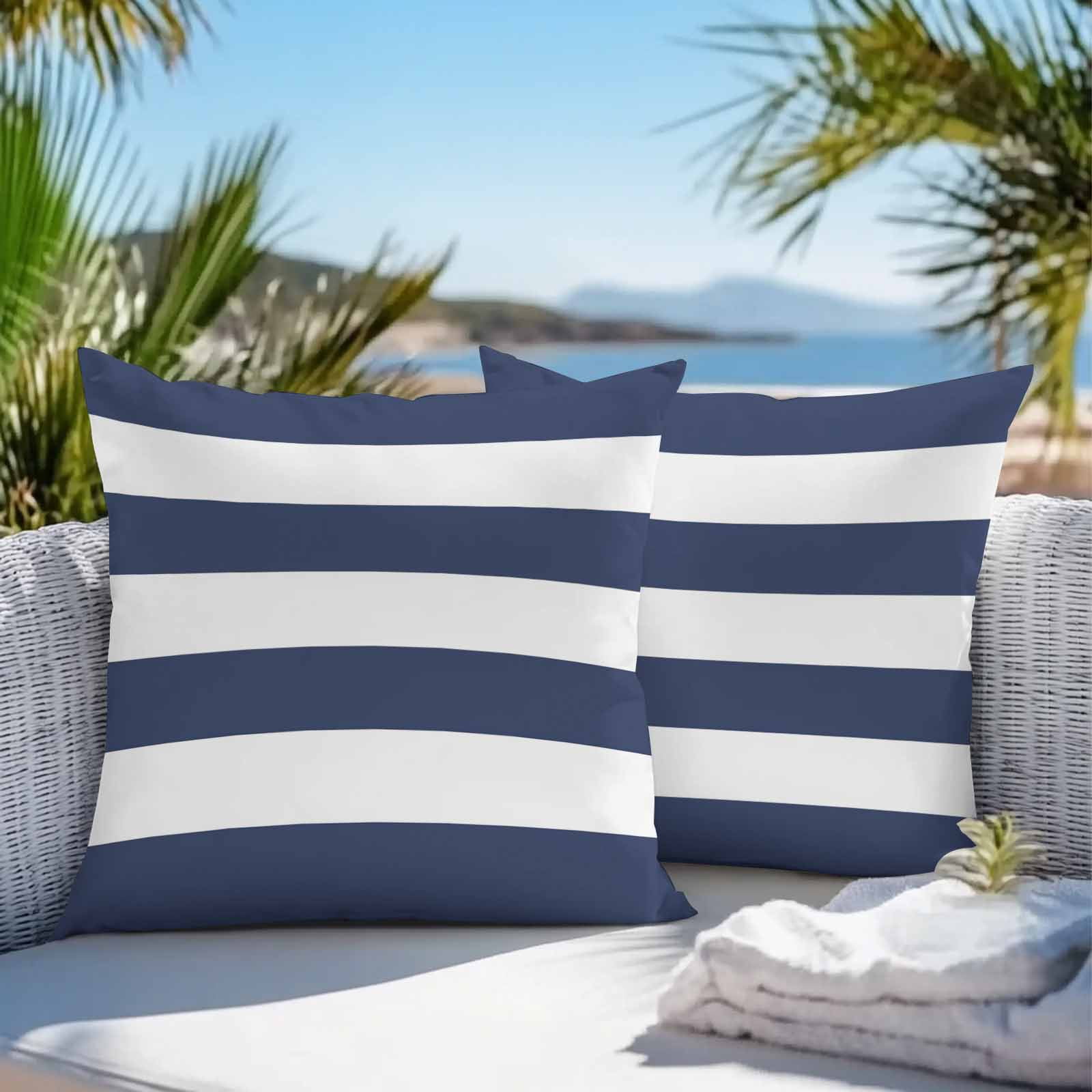 Outdoor Throw Pillows Covers 18X18 Set of 2 Waterproof Coastal Nautical Minimalist Striped Decorative Zippered Cushion Covers for Patio Furniture, Navy Blue White Lumbar Pillowcases