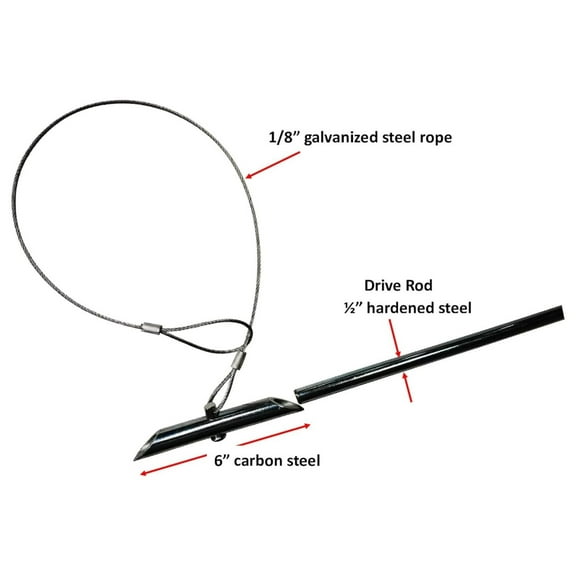 Earth Anchors - 6" Steel Anchor with 33" Cable - 6 pcs and Drive Rod (32" Long) - Ideal for securing Shed, Fence, Green House, Swing Set and More